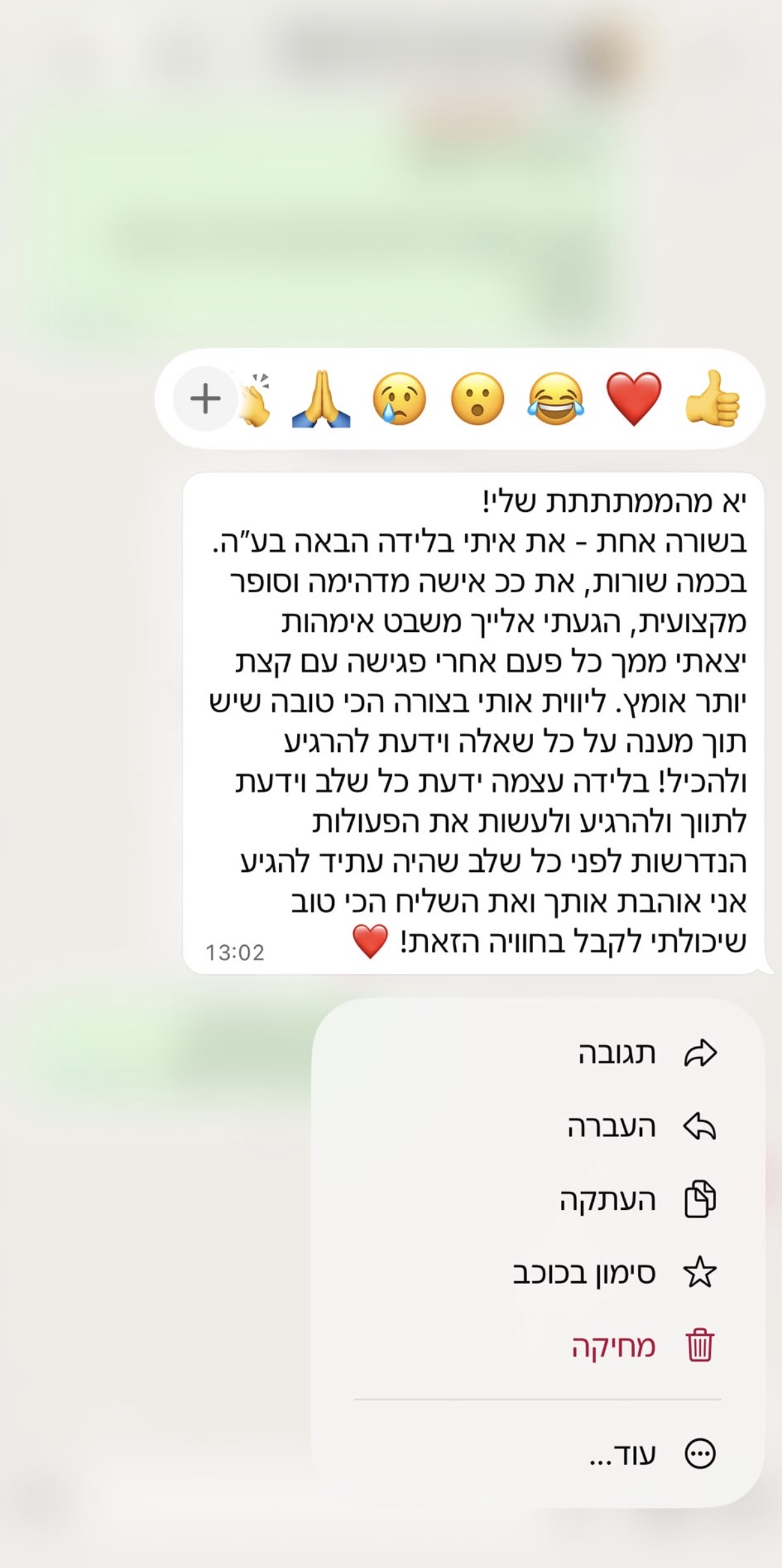 צילום מסך של הודעת תודה מלקוחה בוואטסאפ