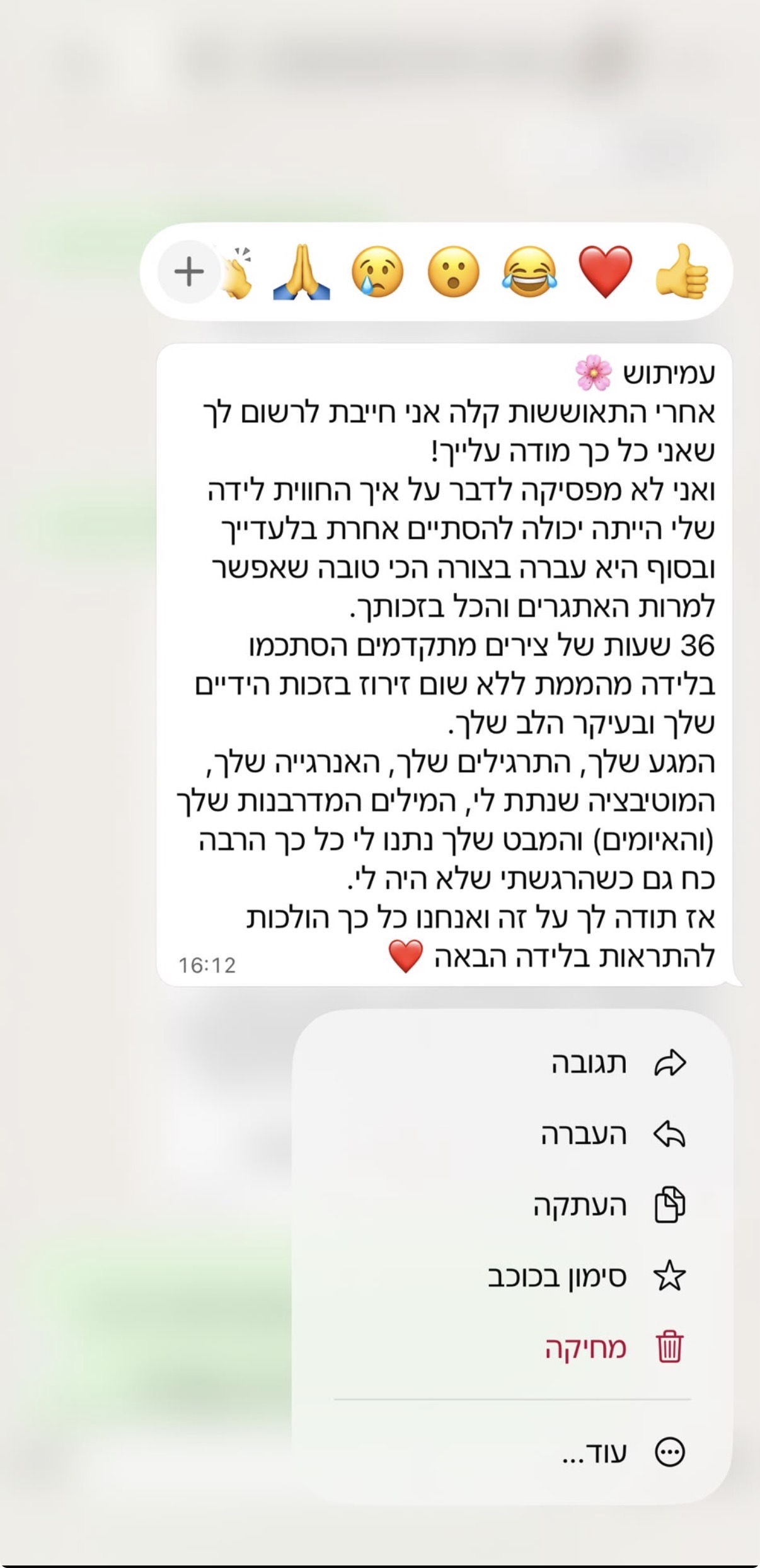 צילום מסך של הודעת תודה מלקוחה בוואטסאפ